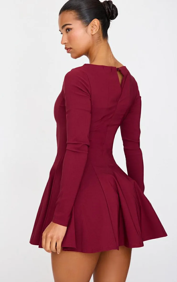 Stretch Woven Boat Neck Long Sleeve Pleated Shift Dress-PrettyLittleThing Online