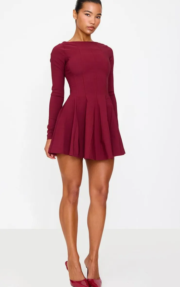 Stretch Woven Boat Neck Long Sleeve Pleated Shift Dress-PrettyLittleThing Online