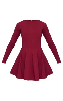 Stretch Woven Boat Neck Long Sleeve Pleated Shift Dress-PrettyLittleThing Online