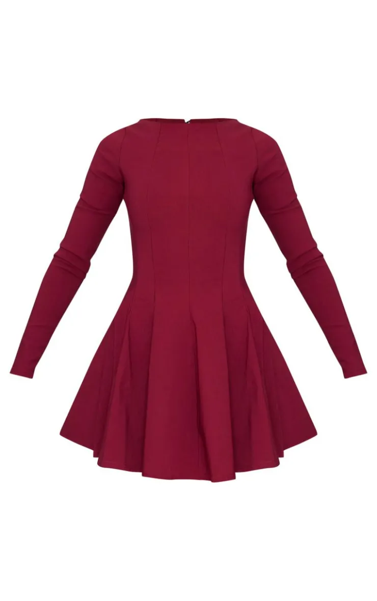 Stretch Woven Boat Neck Long Sleeve Pleated Shift Dress-PrettyLittleThing Online