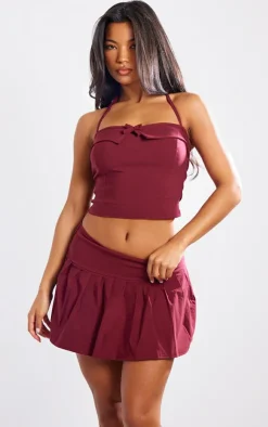 PrettyLittleThing Stretch Woven Halterneck Contrast Binding Long Top Burgundy