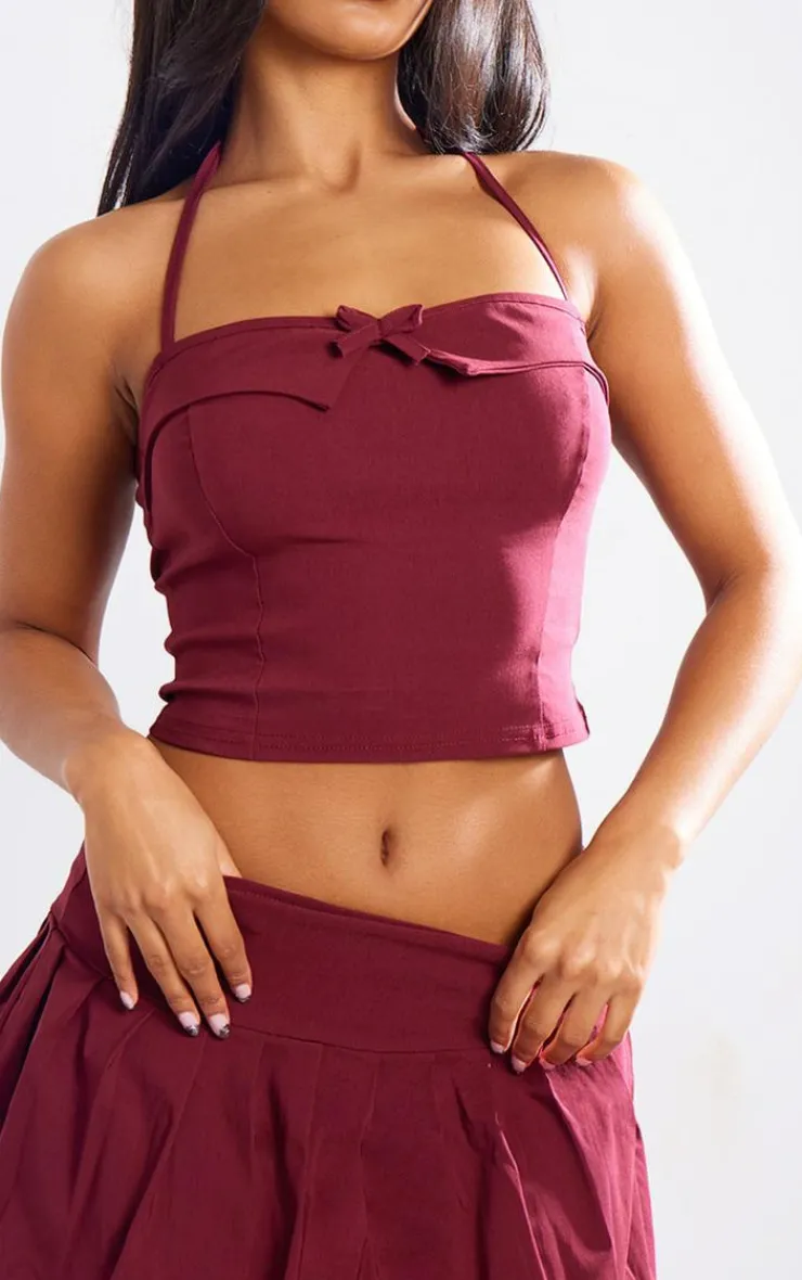 PrettyLittleThing Stretch Woven Halterneck Contrast Binding Long Top Burgundy