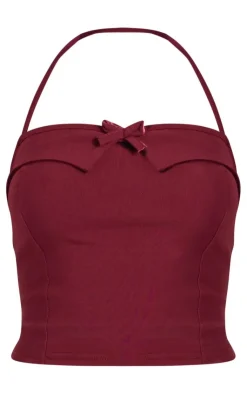 PrettyLittleThing Stretch Woven Halterneck Contrast Binding Long Top Burgundy