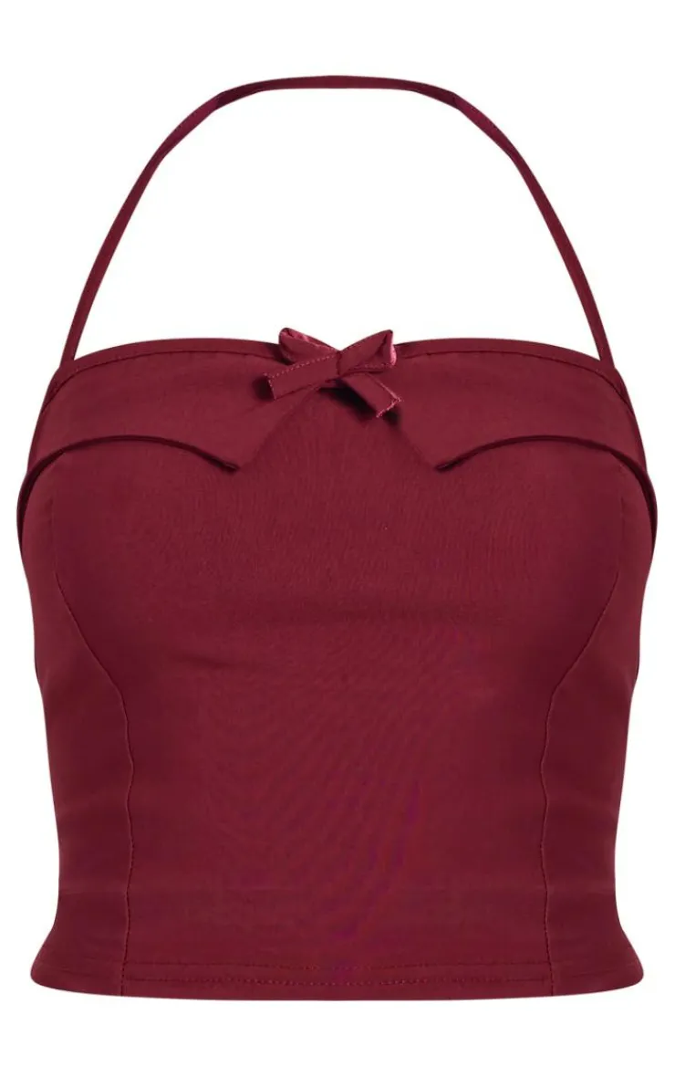 PrettyLittleThing Stretch Woven Halterneck Contrast Binding Long Top Burgundy