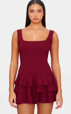 Burgundy Stretch Woven Pleated Skort Romper