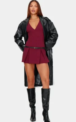 Burgundy Stretch Woven Pleated Belted Skort Romper