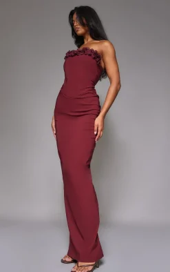 Burgundy Stretch Woven Rosette Bandeau Maxi Dress-PrettyLittleThing Online