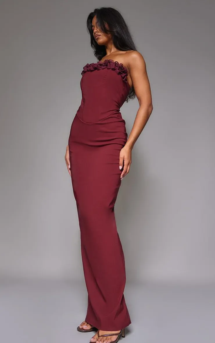 Burgundy Stretch Woven Rosette Bandeau Maxi Dress-PrettyLittleThing Online