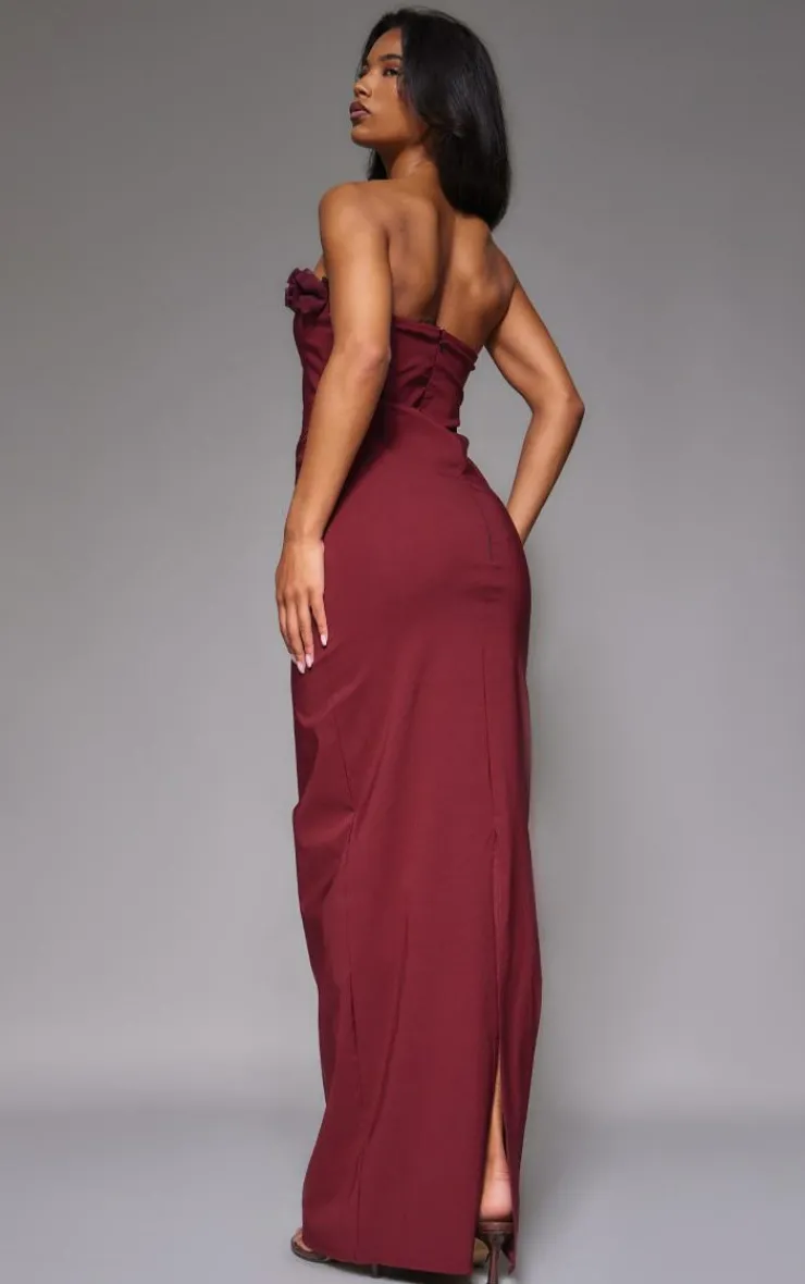 Burgundy Stretch Woven Rosette Bandeau Maxi Dress-PrettyLittleThing Online