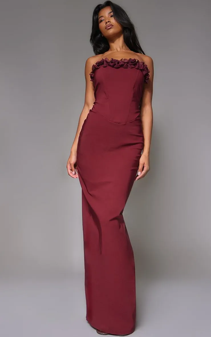 Burgundy Stretch Woven Rosette Bandeau Maxi Dress-PrettyLittleThing Online