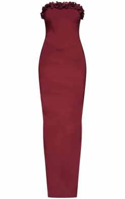 Burgundy Stretch Woven Rosette Bandeau Maxi Dress-PrettyLittleThing Online