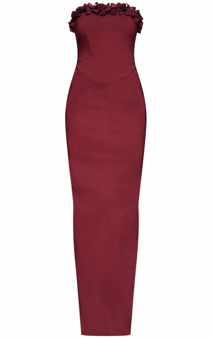Burgundy Stretch Woven Rosette Bandeau Maxi Dress-PrettyLittleThing Online