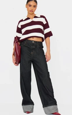 PrettyLittleThing Thanksgiving Outfits*Stripe Knit V Neck Oversized Rugby Top