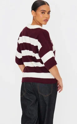PrettyLittleThing Thanksgiving Outfits*Stripe Knit V Neck Oversized Rugby Top