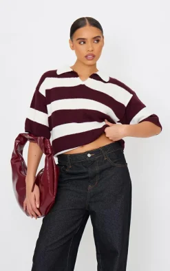 PrettyLittleThing Thanksgiving Outfits*Stripe Knit V Neck Oversized Rugby Top