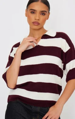 PrettyLittleThing Thanksgiving Outfits*Stripe Knit V Neck Oversized Rugby Top