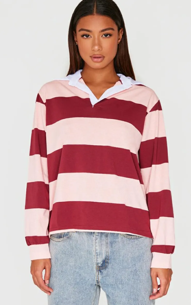 PrettyLittleThing T-Shirts*Striped Collar Detail Long Sleeve T Shirt
