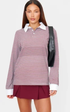 PrettyLittleThing T-Shirts*Striped Collared Oversized Long Sleeve T Shirt