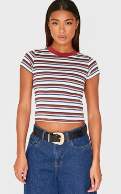 PrettyLittleThing Thanksgiving Outfits*Striped Contrast Collar Short Sleeve Top