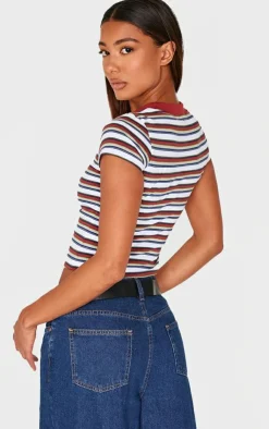 PrettyLittleThing Thanksgiving Outfits*Striped Contrast Collar Short Sleeve Top