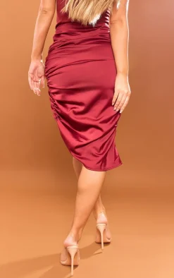Burgundy Structured Satin Ruched Double Knot Midi Skirt