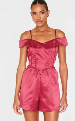 Structured Satin Bardot Floaty Romper-PrettyLittleThing Hot