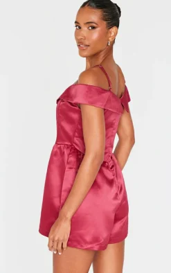 Structured Satin Bardot Floaty Romper-PrettyLittleThing Hot