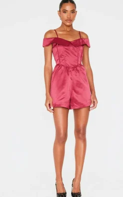 Structured Satin Bardot Floaty Romper-PrettyLittleThing Hot