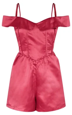 Structured Satin Bardot Floaty Romper-PrettyLittleThing Hot