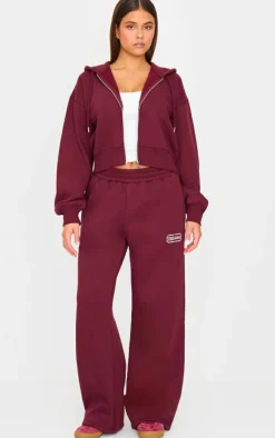 Online PrettyLittleThing Studio Archives Embroidered Wide Leg Sweatpants Burgundy