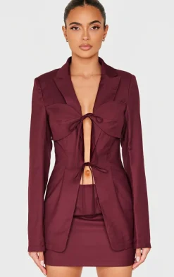 New PrettyLittleThing Tailored Woven Tie Front Longline Blazer Burgundy