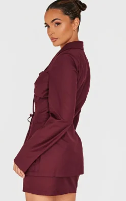 New PrettyLittleThing Tailored Woven Tie Front Longline Blazer Burgundy