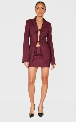 New PrettyLittleThing Tailored Woven Tie Front Longline Blazer Burgundy