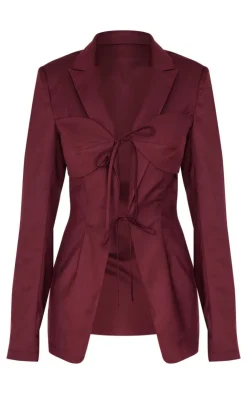 New PrettyLittleThing Tailored Woven Tie Front Longline Blazer Burgundy