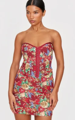 Tapestry Bandeau Lace Up Back Bodycon Dress-PrettyLittleThing Outlet