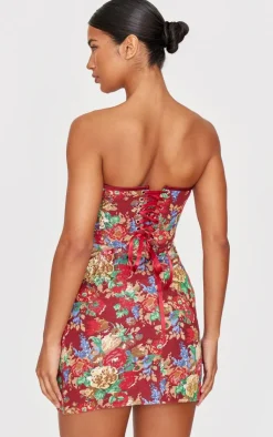 Tapestry Bandeau Lace Up Back Bodycon Dress-PrettyLittleThing Outlet