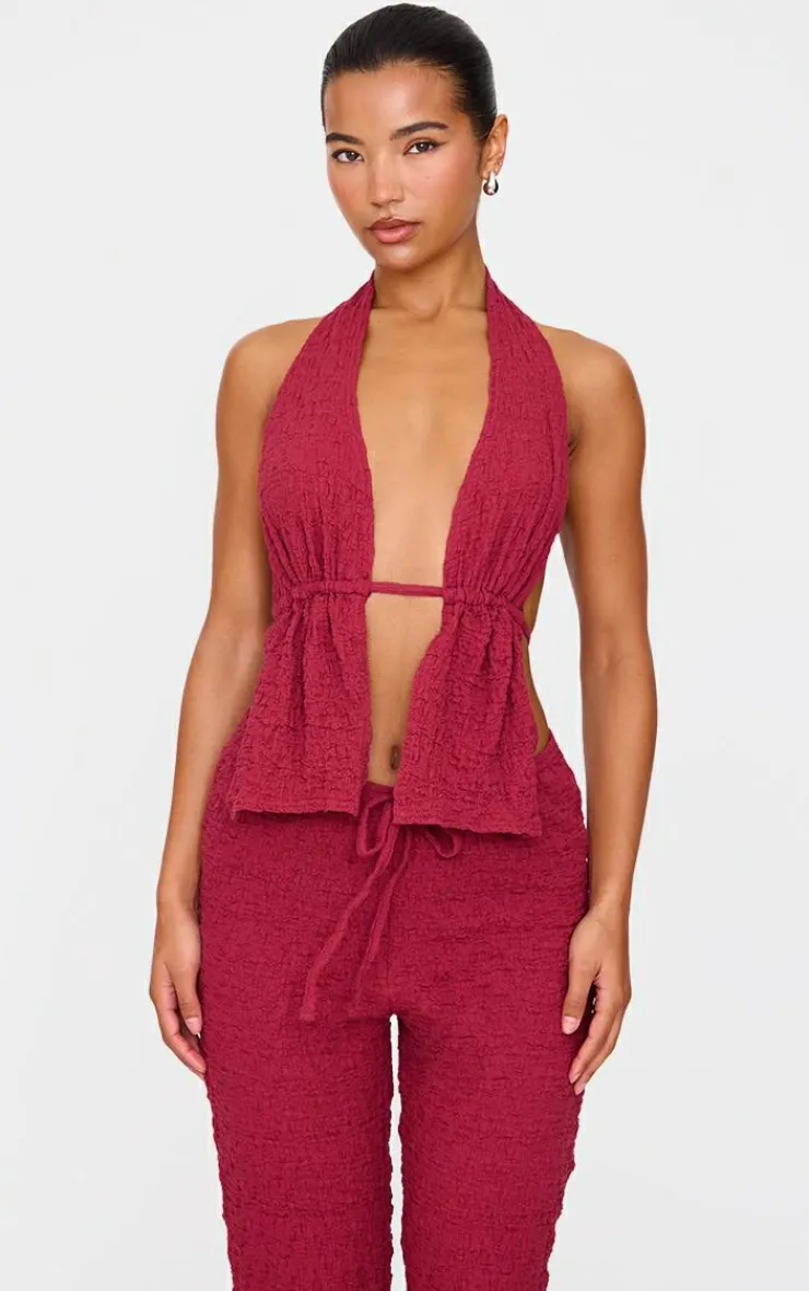 Best PrettyLittleThing Textured Halterneck Backless Top Burgundy