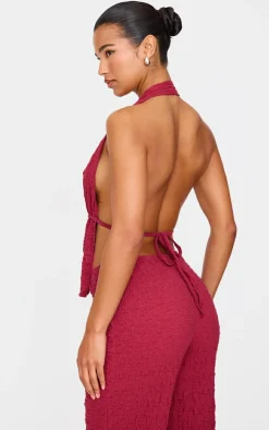 Best PrettyLittleThing Textured Halterneck Backless Top Burgundy