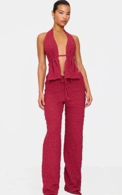 Best PrettyLittleThing Textured Halterneck Backless Top Burgundy