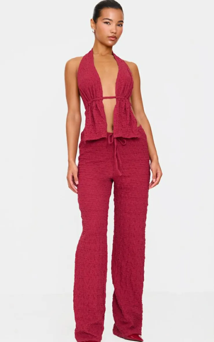 Best PrettyLittleThing Textured Halterneck Backless Top Burgundy
