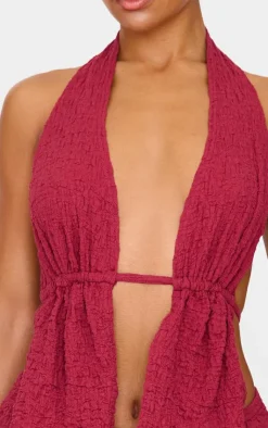Best PrettyLittleThing Textured Halterneck Backless Top Burgundy