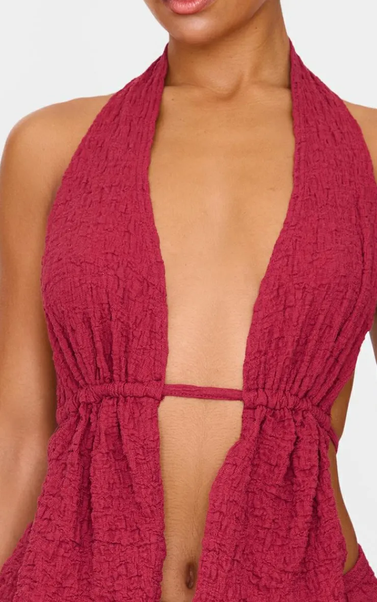 Best PrettyLittleThing Textured Halterneck Backless Top Burgundy