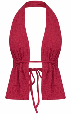 Best PrettyLittleThing Textured Halterneck Backless Top Burgundy