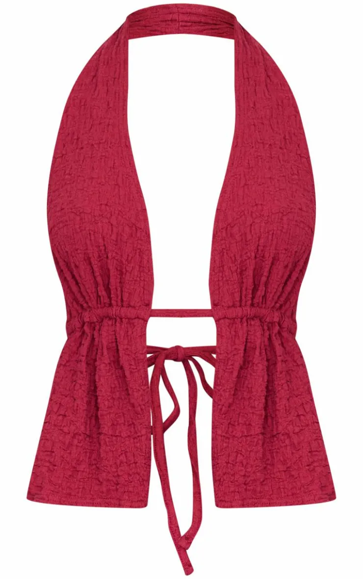 Best PrettyLittleThing Textured Halterneck Backless Top Burgundy