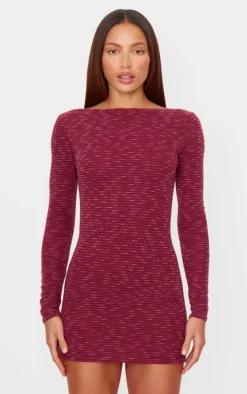 Textured Scoop Back Long Sleeve Bodycon Dress-PrettyLittleThing Discount