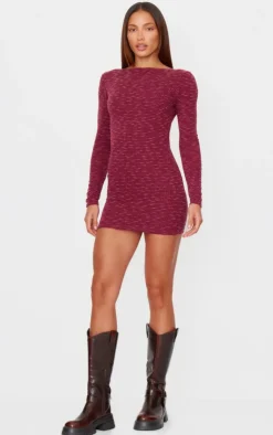 Textured Scoop Back Long Sleeve Bodycon Dress-PrettyLittleThing Discount