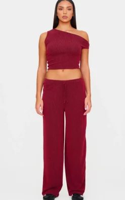Sale PrettyLittleThing Two Tone Crinkle Rib Slouchy Fit Pants Burgundy