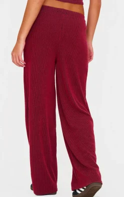 Sale PrettyLittleThing Two Tone Crinkle Rib Slouchy Fit Pants Burgundy
