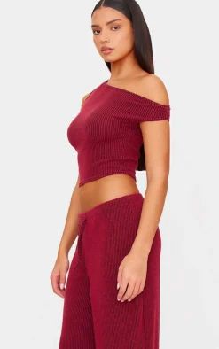 Sale PrettyLittleThing Two Tone Crinkle Rib Slouchy Fit Pants Burgundy