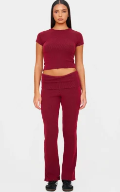 Hot PrettyLittleThing Two Tone Crinkle Rib T-shirt Burgundy